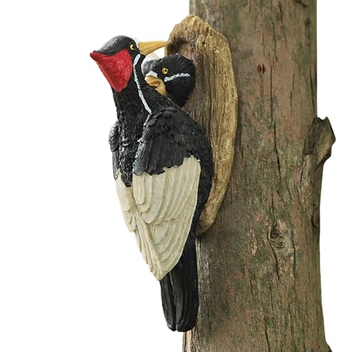 Outdoor Bird Statues - Woodpecker Resin Bird Figurine, Tree Trunk Ornament, Realistic Animal Sculpture, Decorative Garden Statue, Lawn And Porch Accent,...
