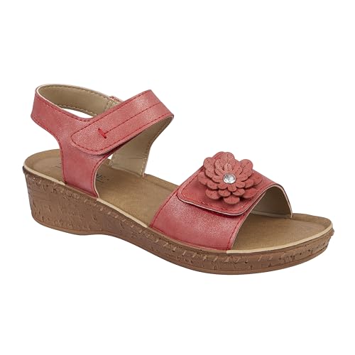 Image of Jo & Joe Ladies Comfort Floral Detail Double Strap Touch Close Fastening Wedge Sandals (Red, UK Footwear Size System, Adult, Women, Numeric, Medium, 4)