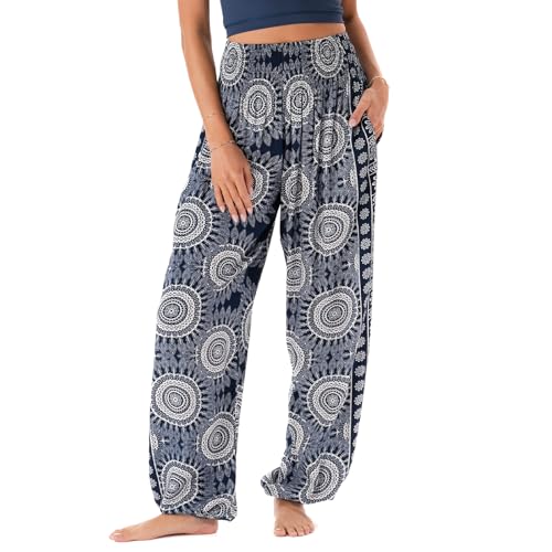 Lotus and Luna Women's Harem Pants Thai Pants for Beach & Lounge High Waisted Flowy Boho Pants Genie Pants Yoga Pants (PKT-L, Oxford)