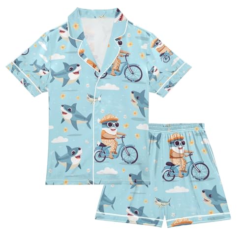 Cycling Shark Satin Summer Pajama Sets Silk Short Sleeve Button Down Sleepwear