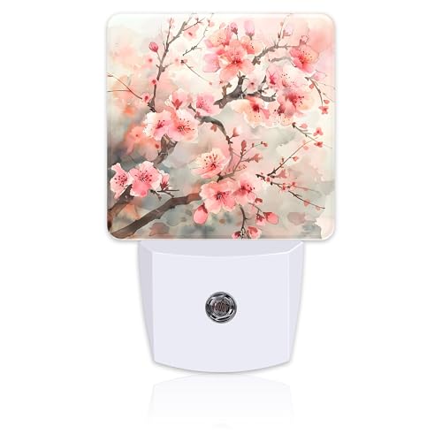 Image of Cherry Blossom Tree Night Light Plug into Wall,Pink Watercolor Cherry Blossom Flowers Dusk to Dawn Night Light Plug in,0.5w Energy Saving NightLight for Kids Boys Girls Home Decor