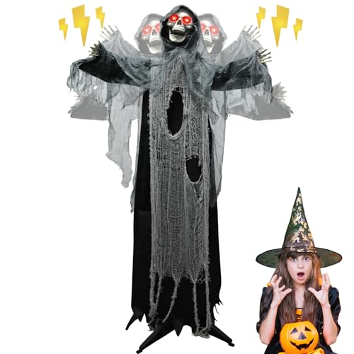 7FT Life Size Skeleton Reaper, Halloween Animatronic Grim Reaper with Light Up Eyes and Spooky Sound, Moving Arms & Head for Indoor Outdoor Halloween Scary Decorations
