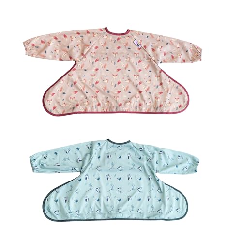 Tidy Tot®™ Cover & Catch™ Weaning Bib with Sleeves. Attaches to Highchairs with Suction for Mess Proof Baby Feeding. Waterproof Long Sleeved Bibs. Coverall BLW Bibs.