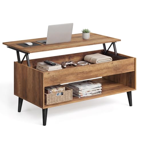 VASAGLE Lift Top Coffee Table, Lift Tabletop Dining Table, Gas Spring, Hidden Compartment, Open...