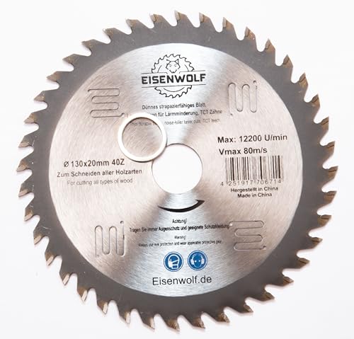 Eisenwolf 130 x 20 mm, hoja de sierra circular para madera con 40 dientes TCT inclinados y corte láser para reducir el ruido