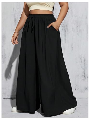 OYOANGLE Women's Plus Size Flowy Palazzo Pants Drawstring High Waist Wide Leg Trousers with Pocket3