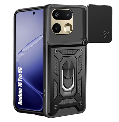 Image of Tough Armor Bumper Back Cover Case for Realme 16 Pro 5G | Sliding Camera Cover, Kickstand & Ring Holder 360 Degree Protection Back Cover Case for Realme 16 Pro 5G - Black