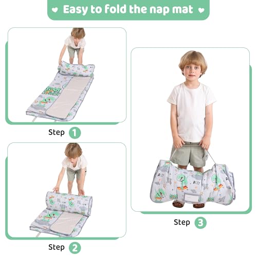 Image of Viviland Toddler Kid Nap Mat for Preschool, Grey Dinosaur Slumber Bag, Daycare Bag with Pillow and Blanket, Kindergarten Mat