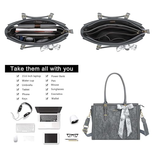 MOSISO Embossed Retro Hibiscus PU Leather Portfolio Protective Stand Cover&Laptop Tote Bag for Women, 17-17.3 inch PU Leather Embossed Retro Hibiscus Computer Bag with Silk Scarf & Clutch Purse, Gray2