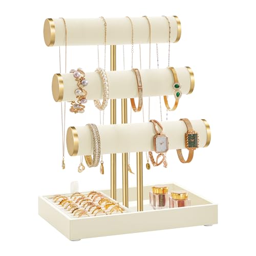 Image of SONGMICS Bracelet Holder Stand, Jewelry Display Stand, Jewelry Organizer, with 3 Tiers and Velvet Tray, Removable Ring Holder, Cream White and Pale Gold UJJS027W101