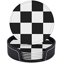 SEPTYK Black White Race Checkered Flag Pattern Coasters for Drinks with Holder Set of 6 Leather Round 4 "for Home Kitchen Decor Coffee Cup Housewarming
