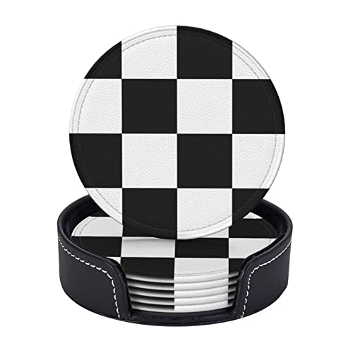 Image of SEPTYK Black White Race Checkered Flag Pattern Coasters for Drinks with Holder Set of 6 Leather Round 4" for Home Kitchen Decor Coffee Cup Housewarming