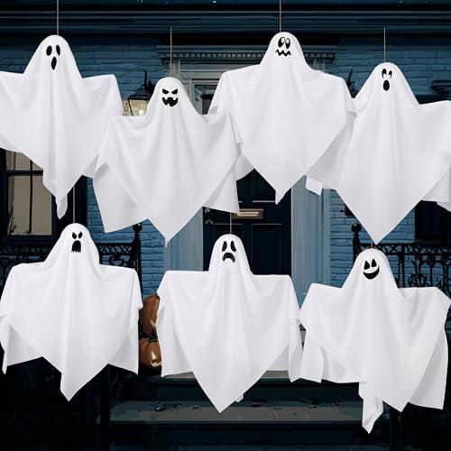 JOYIN 7 Pcs Halloween Hanging Ghost Decorations Outdoor, 19.6” Flying White Ghost Decor for Halloween Tree Front Yard Patio Lawn Garden Party and Holiday Décor 6