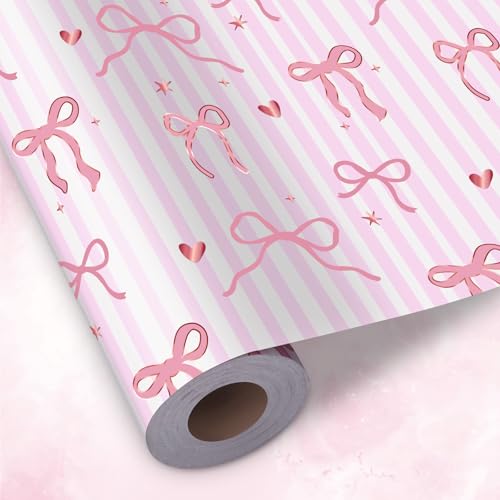 woric Reversible Pink Wrapping Paper Roll 17 Inch x 33 Feet Rose Gold Foil Cute Bow Gift Wrapping Paper for Girls Baby Shower Wedding Bridal Shower Birthday