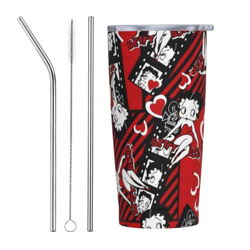 ベティブープ アニメ ストロー&ストローブラシ付き マグカップ コーヒーカップ 600ml コンビニカップ タンブラー ステンレス製 保冷 保温 車用 蓋付き 持ち運び 水筒 大容量 直飲み キャラクター 人気 プレゼント