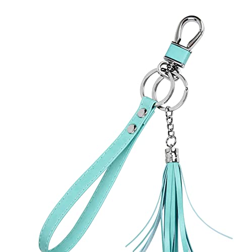 Teskyer Wristlet Strap for Key, Hand Wrist Lanyard Key Chain Holder with Tassel and Flat Alloy Key Rings, Cyan