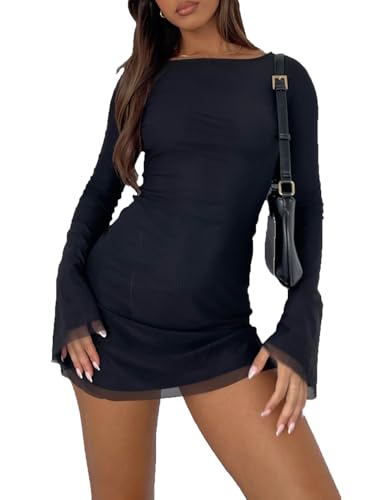 Women Long Sleeve Mini Dress Sexy Boat Neck Mesh Bell Sleeve Self Tie Back Sheer Backless Bodycon Y2k Short Dresses