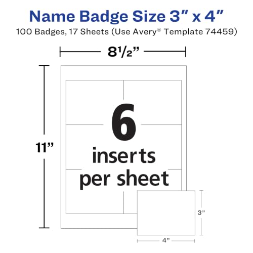 Image of Avery Customizable Name Badges, 3 inch x 4 inch, Laser /Inkjet Printable Inserts, 100 Name Tag Holders with Cords (74459)