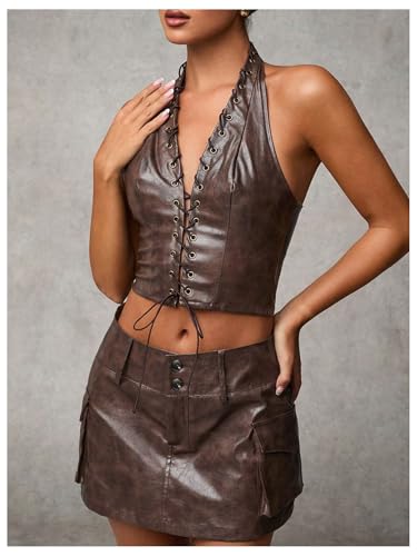 WDIRARA Women's PU Leather Cargo Skirt Retro Low Waist Button Mini Skirt with Flap Pockets4