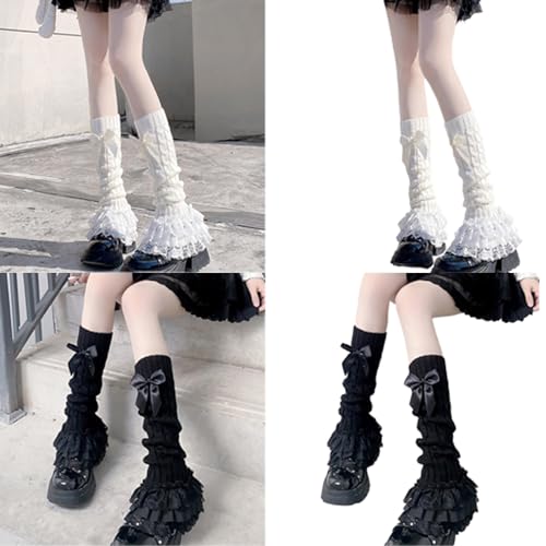 Japanese Women Twist Cable Knit Bowknot Leg Warmer Socks Princess Tiered Ruffled Lace Leg Cover Stockings2