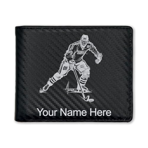 LaserGram Faux Leather Bi-Fold Wallet, Hockey Player Man, Personalized Engraving Included (Carbon Fiber Black with Silver)
