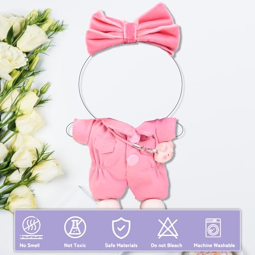 4PCS Pink Kawaii Doll Romper Set Pink Bunny Jumpsuit with Bow Tie for 15-17cm 4 Inch Blind Box Dolls Includes Bow Headwear, Crossbody Bag, One-Piece Workwear and Shoes (NO Doll) — view 2