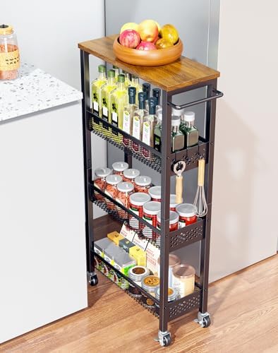 Utility Slim Storage Cart, 4 Tier Small Rolling Kitchen Laundry R...