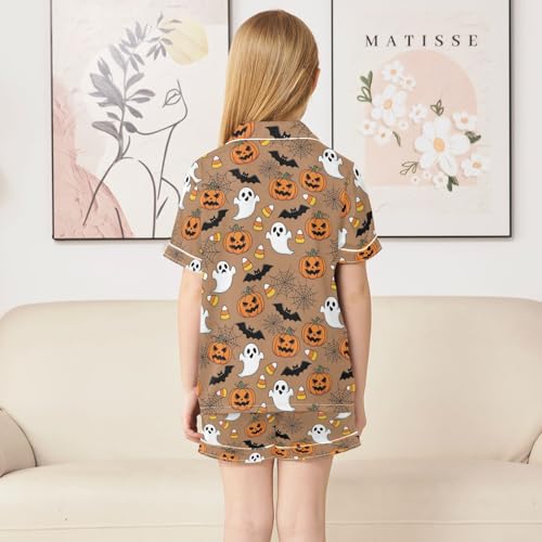 Satin Pajama Sets Short Sleeve Halloween Pattern with Ghosts Pumpkins Button Down Silky Nightwear 2 Piece PJS 5-14Y4