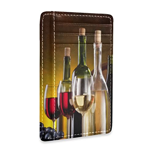 Oyihfvs Still Life with Wine Bottles, Glasses Oak Barrels Retro Style Slim Minimalist Wallet, Front Pocket RFID Leather Blocking Card Holder Case for Men Women Girls Ladies, Stylish Printing Gift