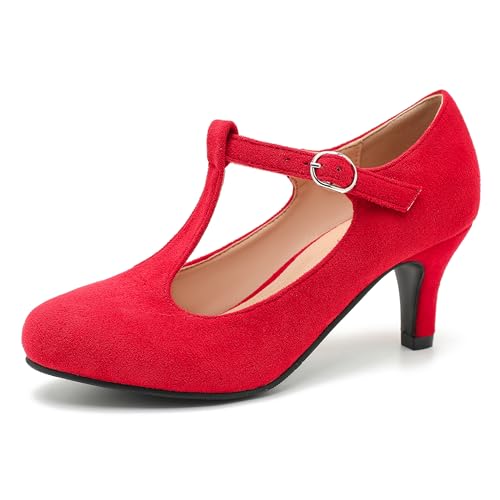 Women's T Strap Mary Jane Low Kitten Heel Pumps Closed Round Toe Retro Ankle Strap Buckle Comfortable Vintage Wedding Evening Party Dress Office Work Church Shoes