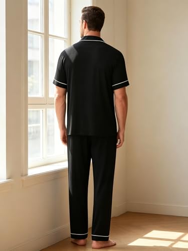 Image of Men's Short Sleeve Pajama Set, Soft Cotton Button Down Sleepwear Top & Long Pants, Loungewear PJs with Pockets S-XXXL