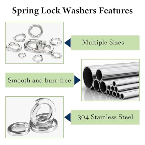 Spring Kit d'assortiment de rondelles de serrure(1000 Boîte),M2 M2.5 M3 M4 M5 M6 M8 M10 M12 Set de rondelle à écluses métrique,304 Laveurs de serrure en acier inoxydable pour boulons