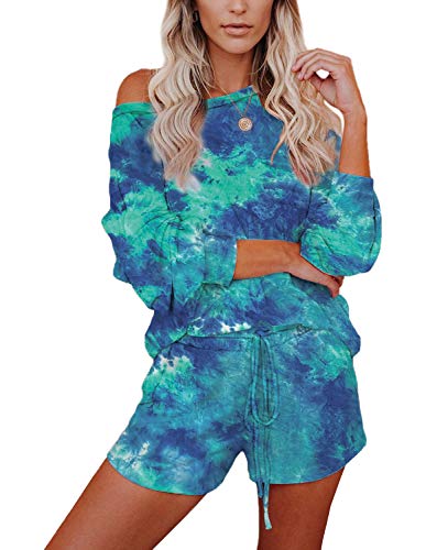 ChainJoy Womens Tie Dye Sweatsuit Long Sleeve Pullover Drawstring Pants with Pockets 2 Pcs Loungewear Pajamas Set(Tie Dye 7,2XL)