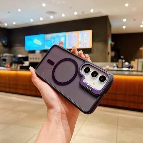Image of LuxuryKase Smoked Clear MagSafe Case for Samsung Galaxy S24 FE | Metal Camera Guard Kickstand | Rugged Grip Edge | Hard PC Back + Soft TPU | Wireless Charging Support - Purple