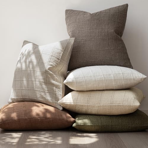 Image of Foindtower Set of 1 Decorative Linen Check Throw Pillow Cover Neutral Farmhouse Vintage Cushion Cover Modern Boho Home Decor for Sofa Chair Couch Bedroom Living Room,16x16 Inch,Taupe Grey