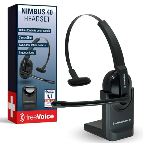 freeVoice Nimbus BT Mono 40 I Casque Noise Cancelling jusqu'à 40 h de Temps de Conversation I Casque sans Fil avec Micro I Casque Bluetooth avec portée jusqu'à 30 m I Casque Business pour Le Bureau