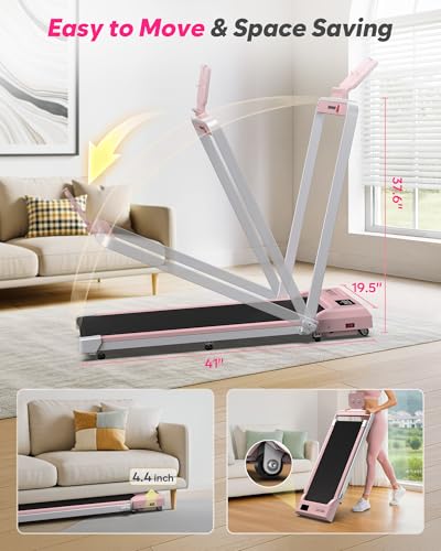 Cardirun Foldable Treadmill with Incline, Compact Walking Pad Treadmill with Safety Handle Bar, 3.0HP Quiet Under Desk Treadmills for Home/Office, 320 LBS Capacity, APP & Remote Control, Pink