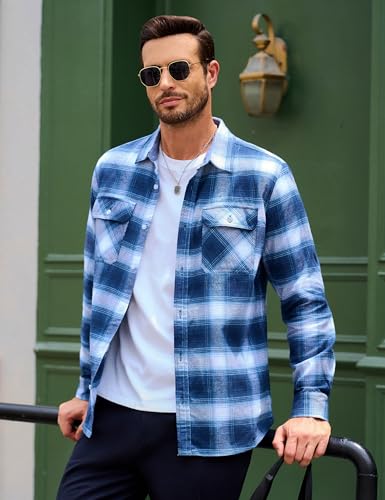 MAGCOMSEN Men's Flannel Shirts Cotton Long Sleeve Plaid Shirt Casual Fashion Button Up Shirts Jackets with 2 Pockets3