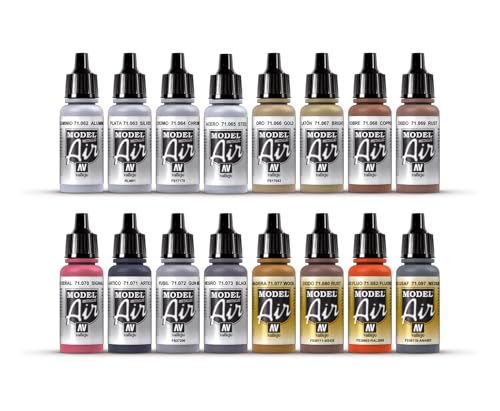 Vallejo Metallic Set Model Air Paint, 17ml, Multicolor, (Pack of 16)