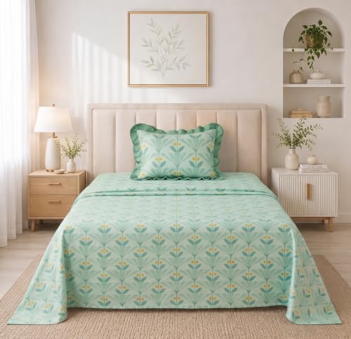 Image of BSB HOME 240 Tc Premium Single Bed Bedsheet, Soft Comfortable Bed Sheet with 2.5 Inches Frill Border, Stylish Printed Bedding for Bedroom, Elegant Bedsheet, 60 x 90 Inches - Muted Sage