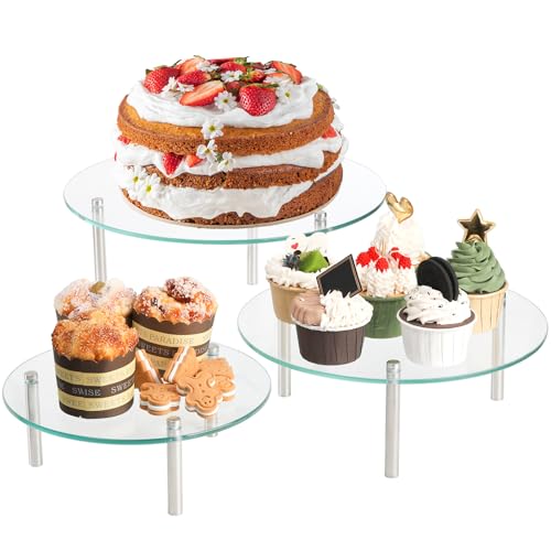Hacaroa 3 Pcs Tempered Glass Cupcake Stands for Party, 9,11,12.6 Inch Round Food Display Stand Clear Retail Risers for Cakes, Desserts, Pastries, Appetizers
