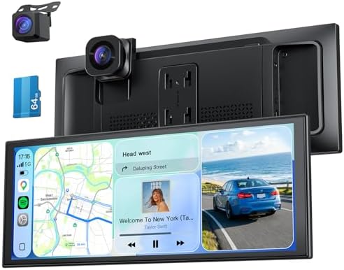 Krunia 10,26" Tragbares 60FPS CarPlay Display, Dashcam 4K Vorne HD Hinten | 1920x720 Voll Laminierter Bildschirm, Wireless Car Play Screen für Apple CarPlay Android Auto, GPS, Blue