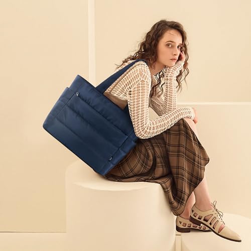 KALIDI Quilted Tote Bag, Carryall Puffer Messenger Laptop Bag Padded Shoulder Large Anti Splash Zipper Casual Work Gym Wome4