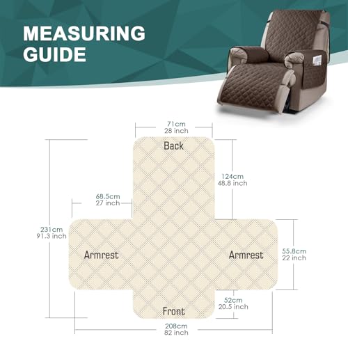 Ruaozz 100% Waterproof Recliner Chair Cover Non-Slip Oversized Reclining Cover for Large Recliner Chair Washable Chair Seat Cover with Elastic Straps for Kids, Dogs, Pets (Brown, 28'')
