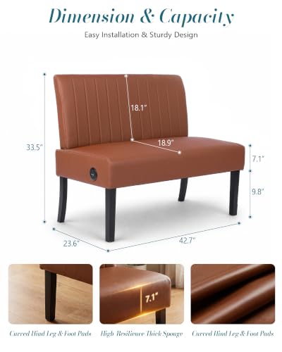 Image of Armless Accent Chair Loveseat, Small Sofa, Brown Faux Leather, Modern