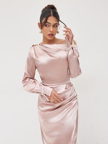 CIDER Satin Dress Long Sleeve Asymmetrical Neck Ruched Split Maxi Formal Party Cocktail Mid Waist Dress4