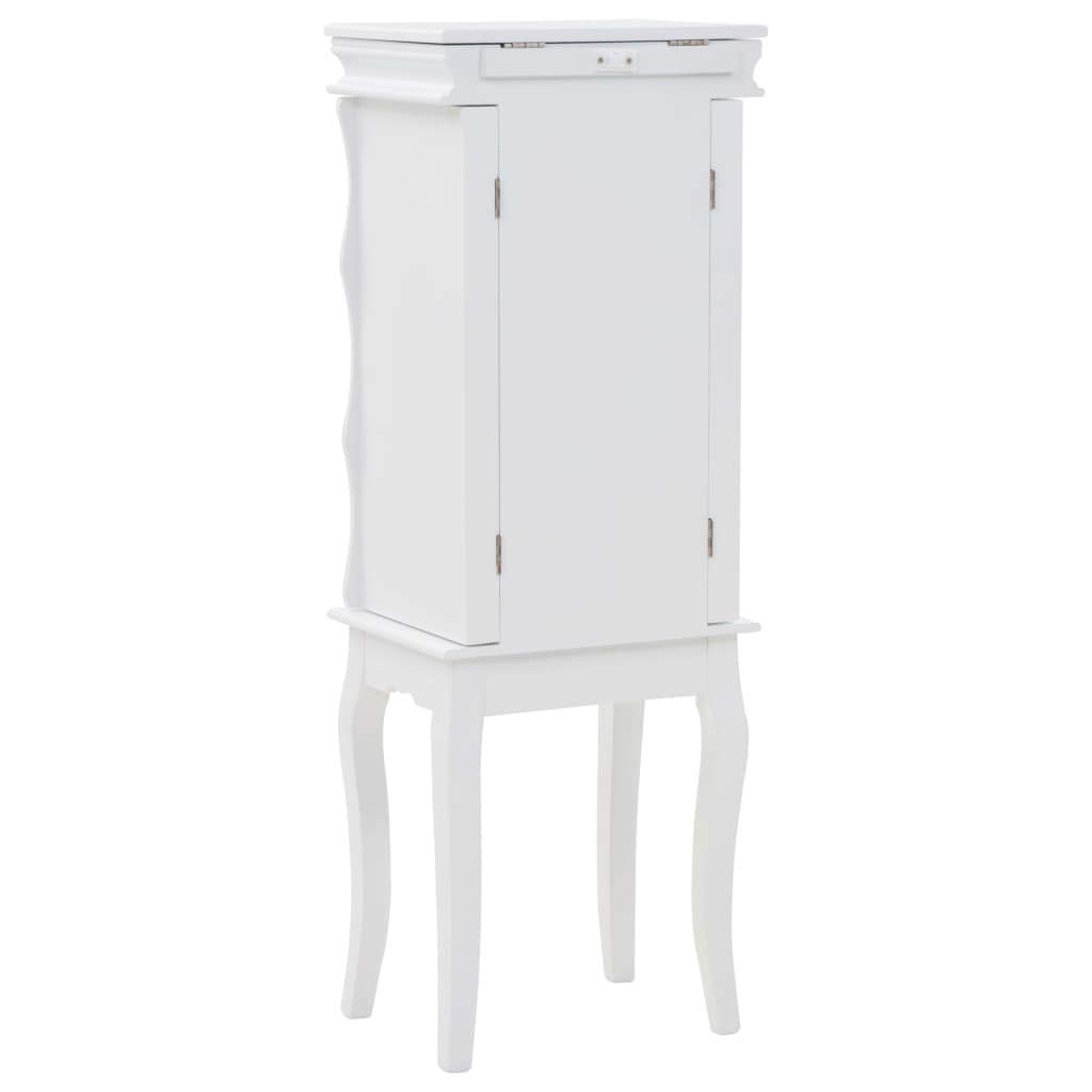 Wolnostojąca szafka na biżuterię, biała, 34 x 26 x 94 cm, płyta MDF i drewno sosnowe, elegancki mebel do salonu, sypialni, korytarza, wszechstronne przechowywanie biżuterii, akcesoriów