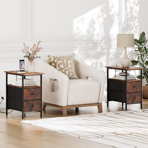 HOOBRO Mesita Auxilar con Base de Carga, Mesa Auxiliar Estrecha, Mesilla de Noche con 2 Cajones en Tejido no Textil, Mesa Auxiliar de Sofá Estrecha para Espacios Reducidos, Marrón Vintage EBF486CBZ01 - imagen 5