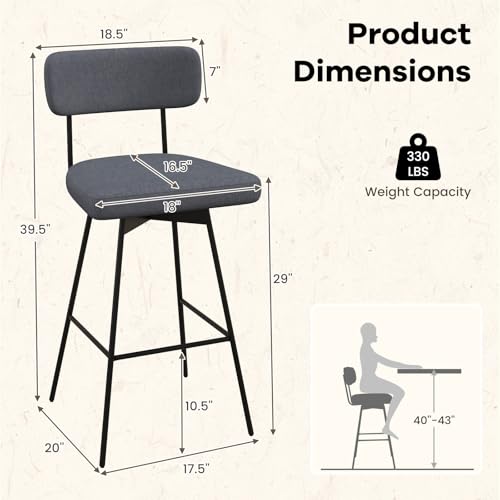 Juego de 2 butacos de bar COSTWAY, sillas altas tapizadas con respaldo, giratorias 360° con patas metálicas reforzadas y reposapiés, asiento de tela para isla de cocina, comedor o bar (gris) miniatura 3
