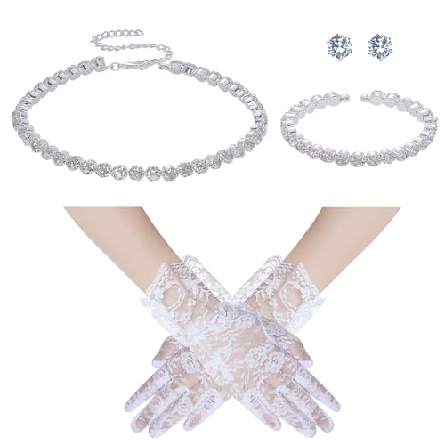 choyaxo 4pcs Silver Necklace Set Including Rhinestone Necklace Earrings Bracelet Gloves for Tea Party Bridal Wedding Formal Costume Jewelry